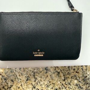 kate spade Black Saffiano Leather Wristlet with Gold Logo